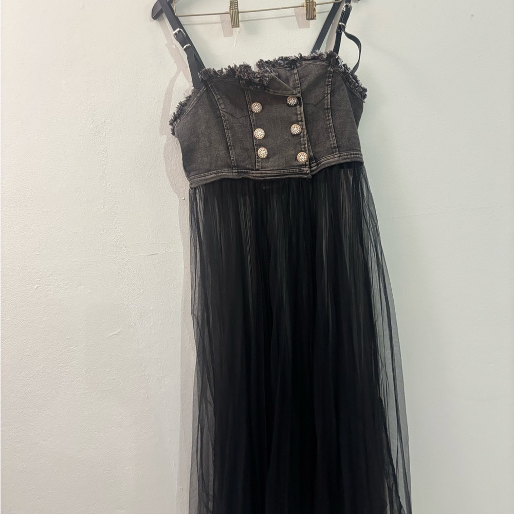 Stylish Black Denim and Tulle Dress